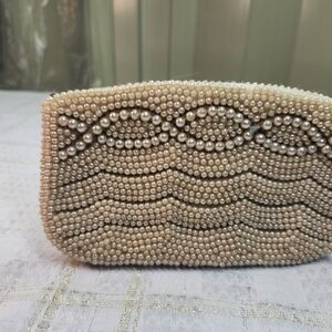 Pearl-Beaded Cream Evening Clutch